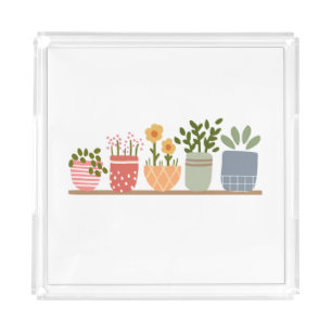 Whimsical Potted Flowers Garden Lover Acrylic Tray
