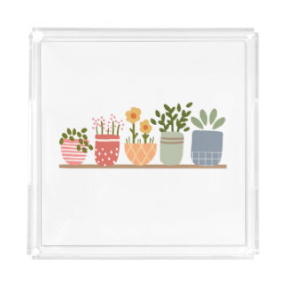 Whimsical Potted Flowers Garden Lover Acrylic Tray