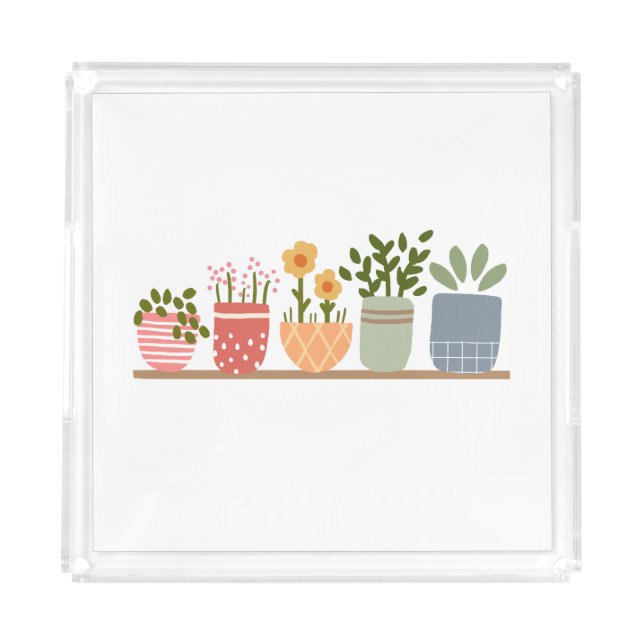 Whimsical Potted Flowers Garden Lover Acrylic Tray (Front)