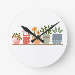 Whimsical Potted Flowers Garden Lover Round Clock