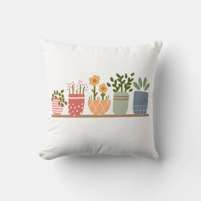 Whimsical Potted Flowers Garden Lover Throw Pillow (Front)