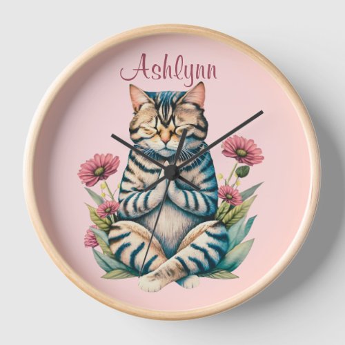 Whimsical Prayer Cat Watercolor Blush Pink Floral  Clock