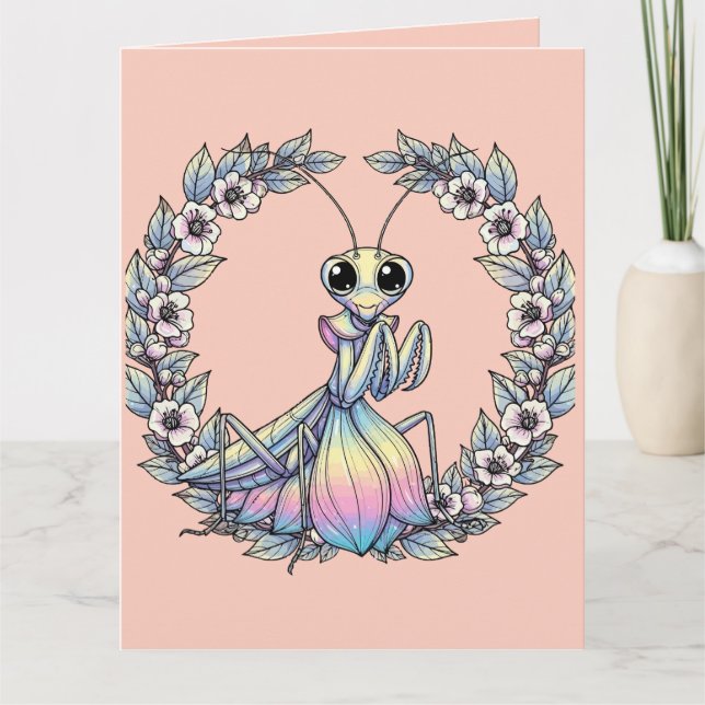 Whimsical Praying Mantis And Mountain Laurel Bloss Card (Front)