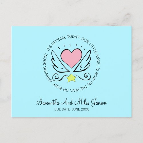 Whimsical Pregnancy  Heart With Wings Turquoise Announcement Postcard