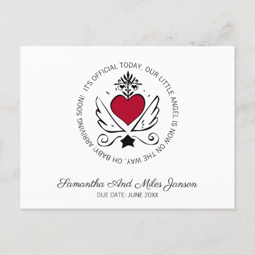 Whimsical Pregnancy  Red Heart With Wings White Announcement Postcard