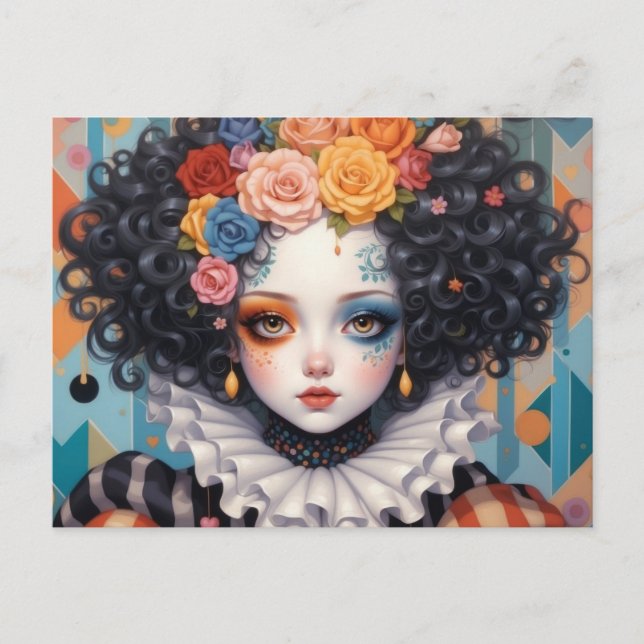 Whimsical Pretty Clown Girl with Colorful Flowers Postcard (Front)