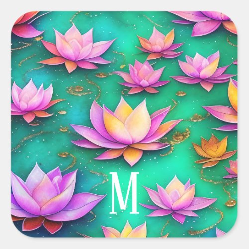 Whimsical Pretty Pink Lotus Flower Pattern Square Sticker