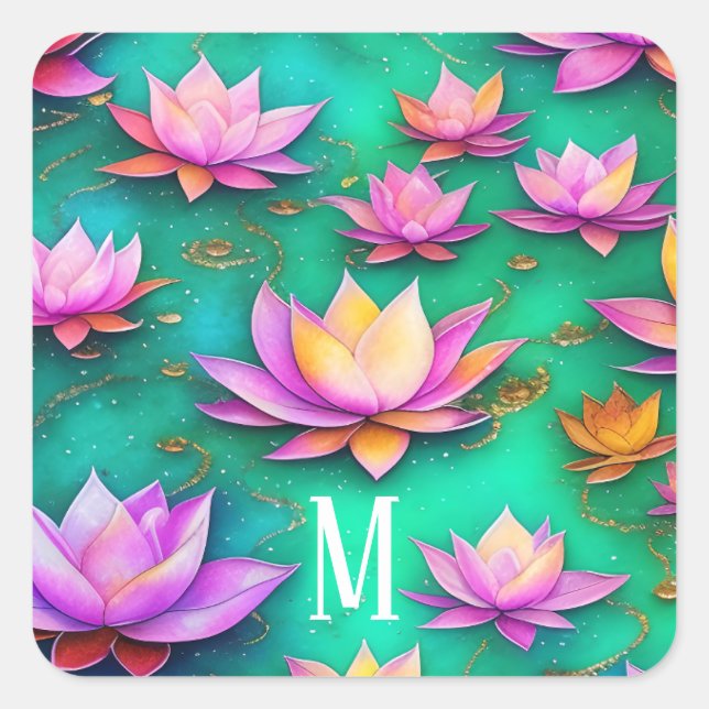 Whimsical Pretty Pink Lotus Flower Pattern Square Sticker (Front)
