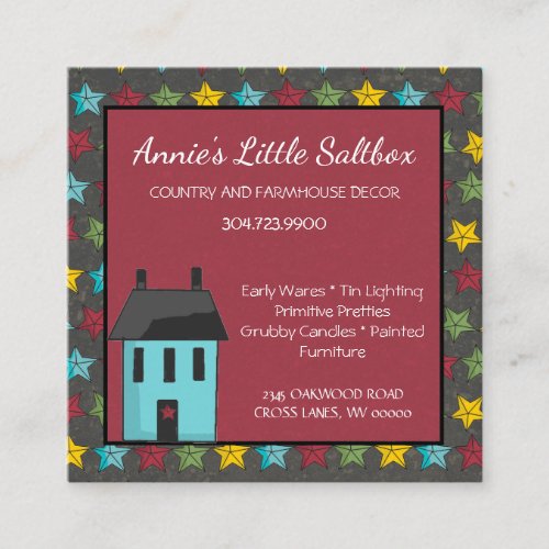 Whimsical Primitive Country Saltbox House  Square Business Card