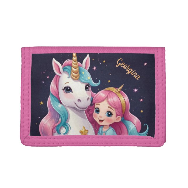 Whimsical Princess and Unicorn Personalized Trifold Wallet (Front)