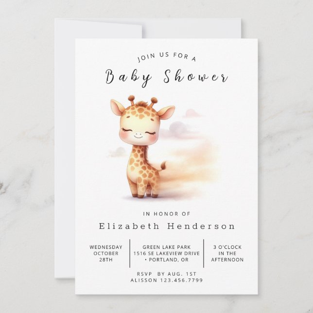 Whimsical Printable Giraffe Baby Shower Invitation (Front)