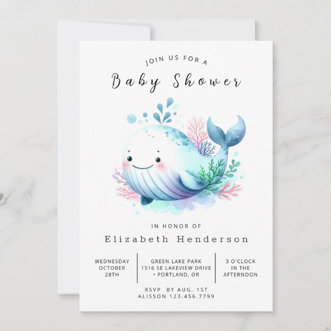 Whimsical Printable Whale Baby Shower Invitation (Front)