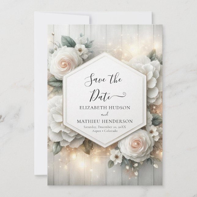 Whimsical Printable White Roses Wedding Save The Date (Front)