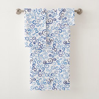 Whimsical Prussian Blue Painted Curves Towel Set