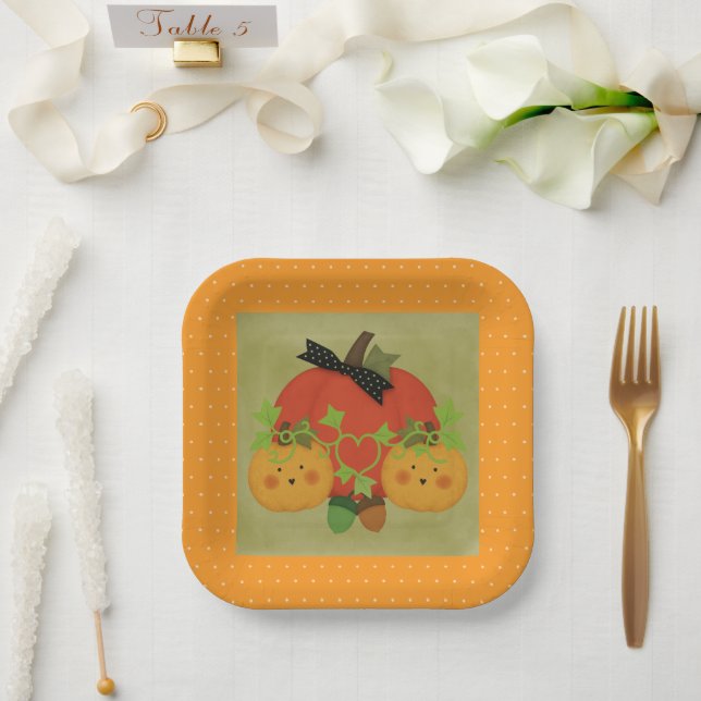 Whimsical Pumpkin & Acorn Halloween Bridal Paper Plates (Wedding)