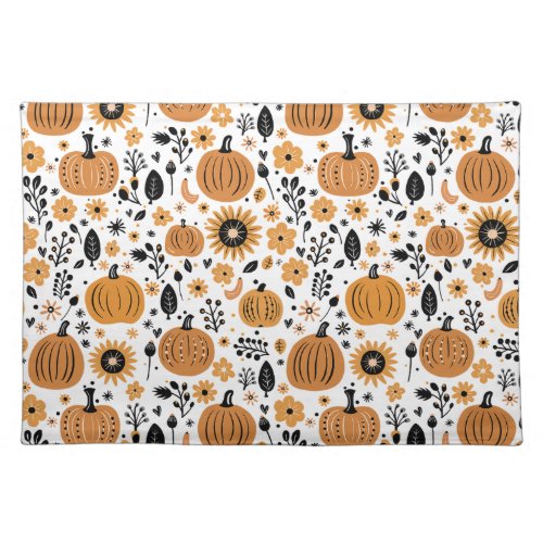 Whimsical pumpkin and fall floral pattern cloth placemat