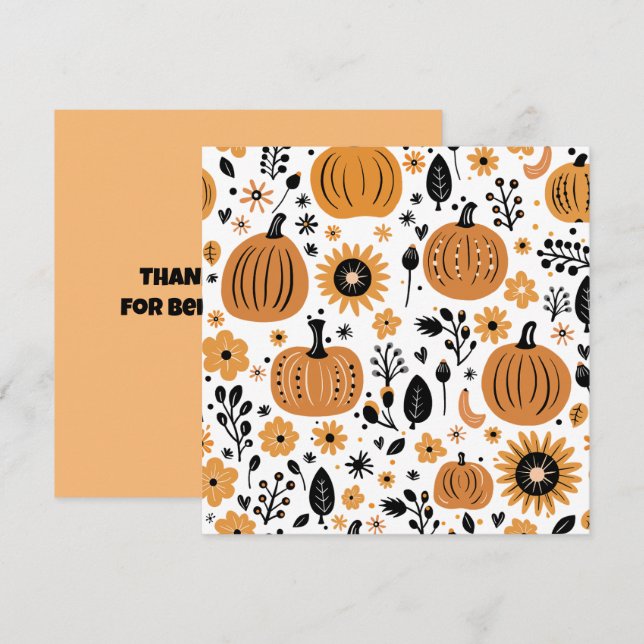 Whimsical pumpkin and fall flower personalized  thank you card (Front/Back)