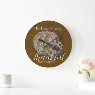 Whimsical Pumpkin Autumnal Floral Thankful Large Clock