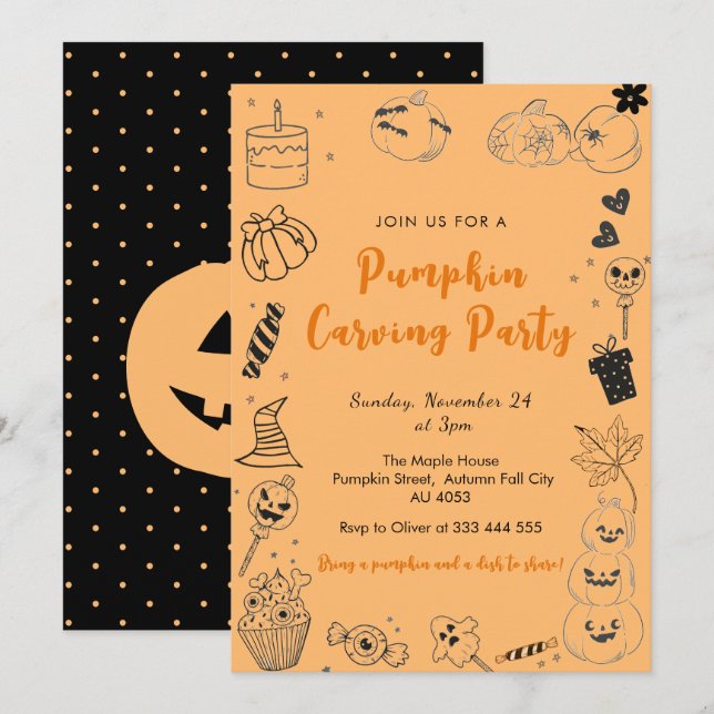 Whimsical Pumpkin Doodle Carving Party  Invitation (Front/Back)