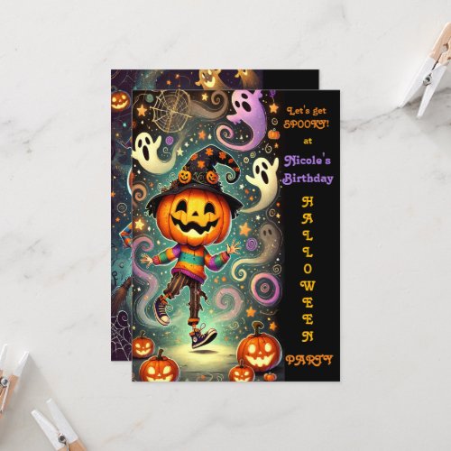 Whimsical Pumpkin Head Witch Halloween Party Invitation