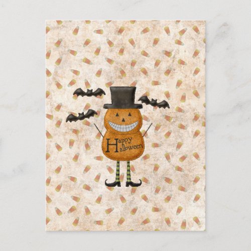 Whimsical Pumpkin Man  Bats Postcard