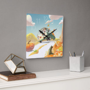 Whimsical Pumpkin Ride Square Wall Clock