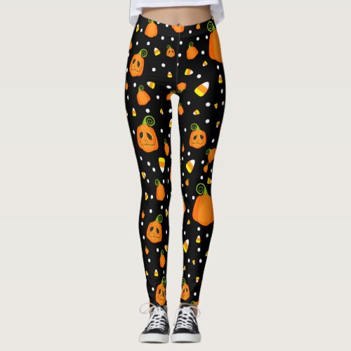Whimsical Pumpkins &amp; Candy Corn Fun Halloween Leggings