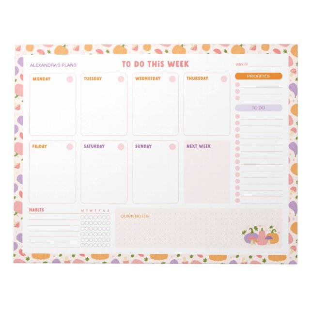 Whimsical Pumpkins Weekly To Do List Planner Notepad (Front)