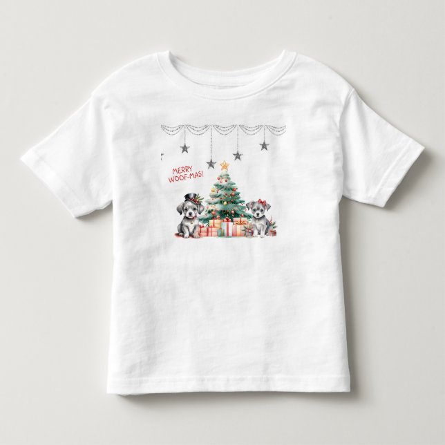 Whimsical Puppies Next To Christmas Tree   Toddler T-shirt (Front)