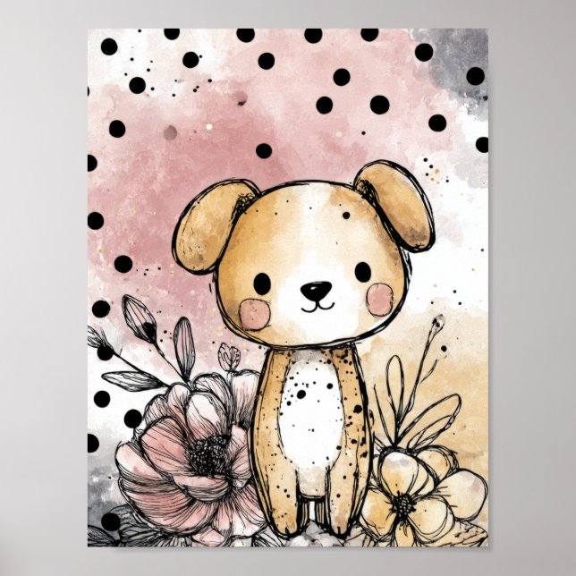 Whimsical Puppy Floral Watercolor Art (1) Poster (Front)