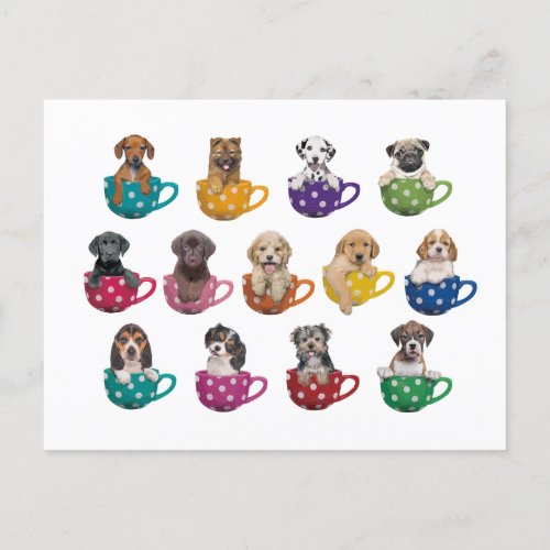 Whimsical  Pups in Cups  Painted Postcard
