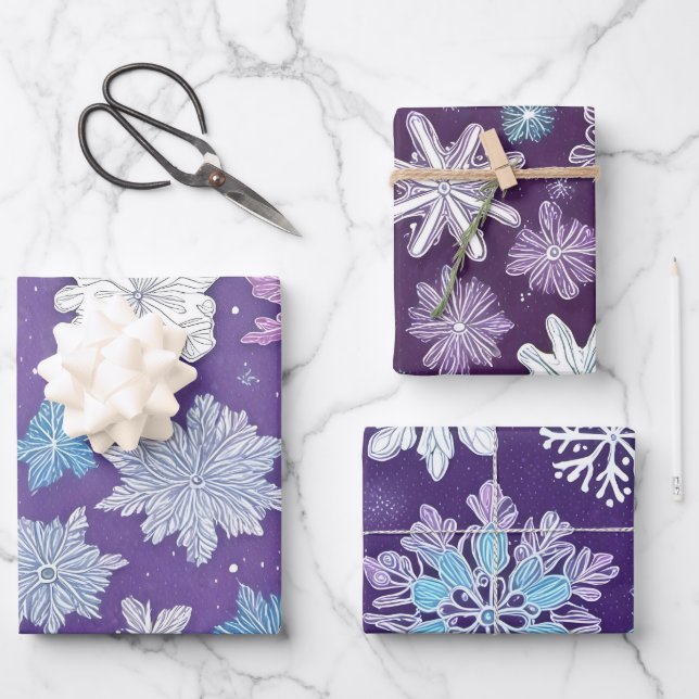 Whimsical Purple and Blue Snowflakes Christmas  Wrapping Paper Sheets (Front)