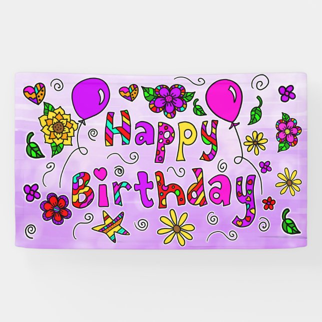 Whimsical Purple and Pink Happy Birthday Girl's Ba Banner (Horizontal)