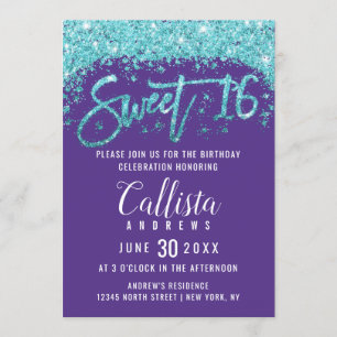 Whimsical Purple Aqua Blue Glitter Dust Sweet 16 Invitation