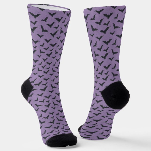 Whimsical Purple Bat Pattern Halloween Socks (Angled)