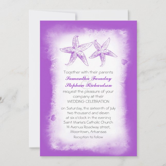 Whimsical purple beach wedding invitations (Front)