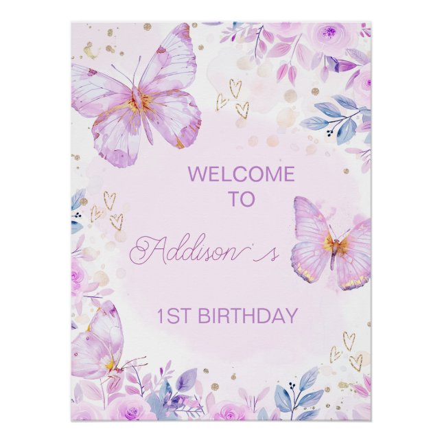 Whimsical Purple Butterfly Birthday Welcome Sign (Front)