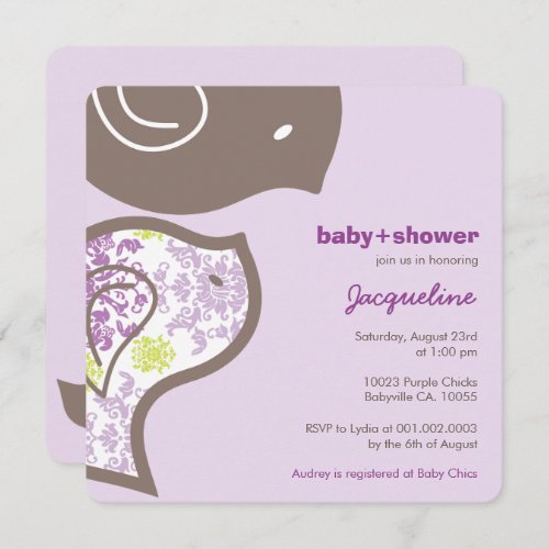 Whimsical Purple Damask Chicks Baby Shower Invite