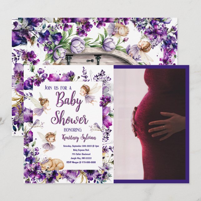 Whimsical Purple Fairy Baby Shower Invitation (Front/Back)