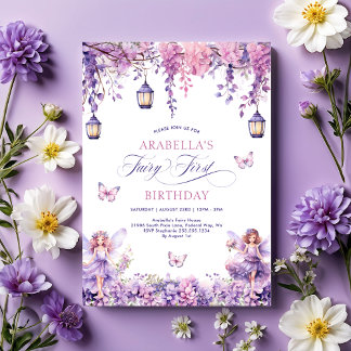 Whimsical Purple Fairy First Birthday Party Invitation