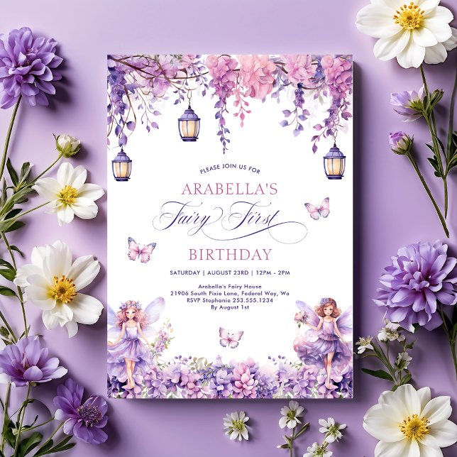 Whimsical Purple Fairy First Birthday Party Invitation (Lilac Floral Fairy First 1st Birthday Party Invitation)