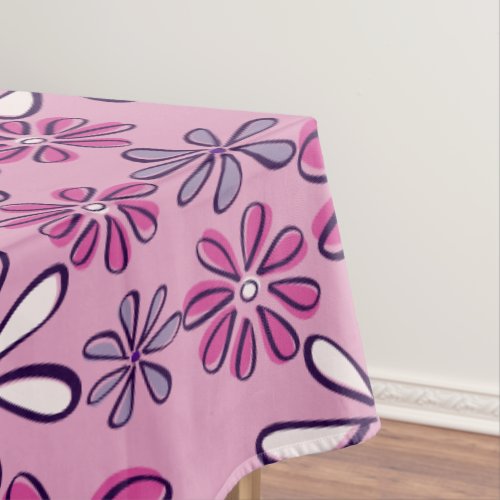 Whimsical Purple Floral Doodle Pink Tablecloth
