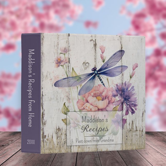 Whimsical Purple Floral Dragonfly Recipe Book 3 Ring Binder (Creator Uploaded)