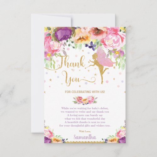 Whimsical Purple Floral Fairy Baby Shower Birthday Thank You Card