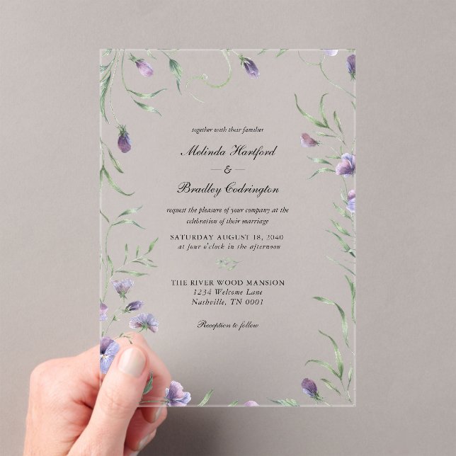 Whimsical Purple Floral Foliage Wedding  Acrylic Invitations (Insitu (Handheld))