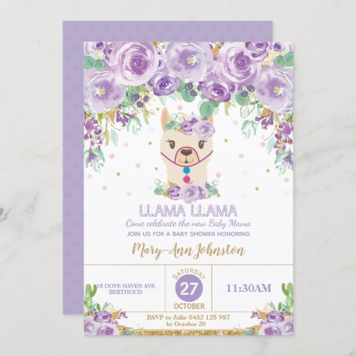 Whimsical Purple Floral Llama Mama Baby Shower Invitation