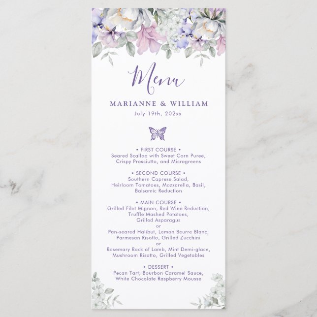 Whimsical Purple Floral Romantic Wedding Dinner Menu (Front)