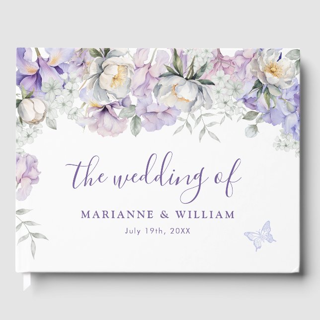 Whimsical Purple Floral Romantic Wedding RSVP Guest Book (Front)