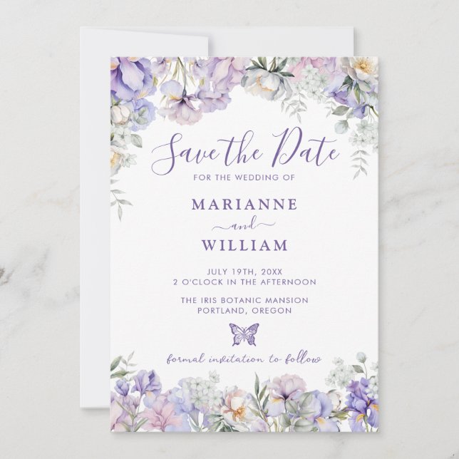Whimsical Purple Floral Romantic Wedding Save The Date (Front)