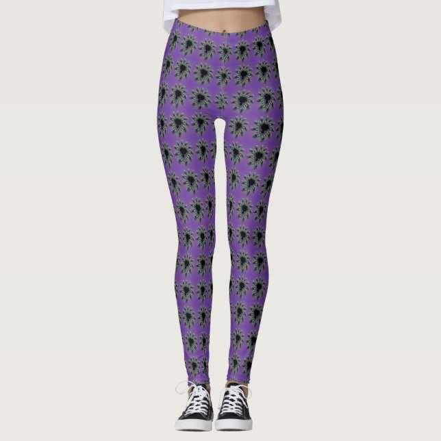 Whimsical Purple Fractal Flower Pattern Leggings (Front)